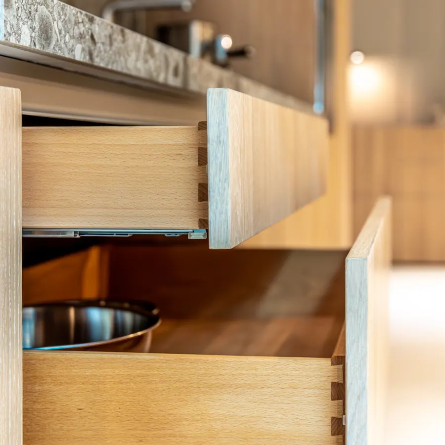 Custom kitchen drawers with wood joinery detail